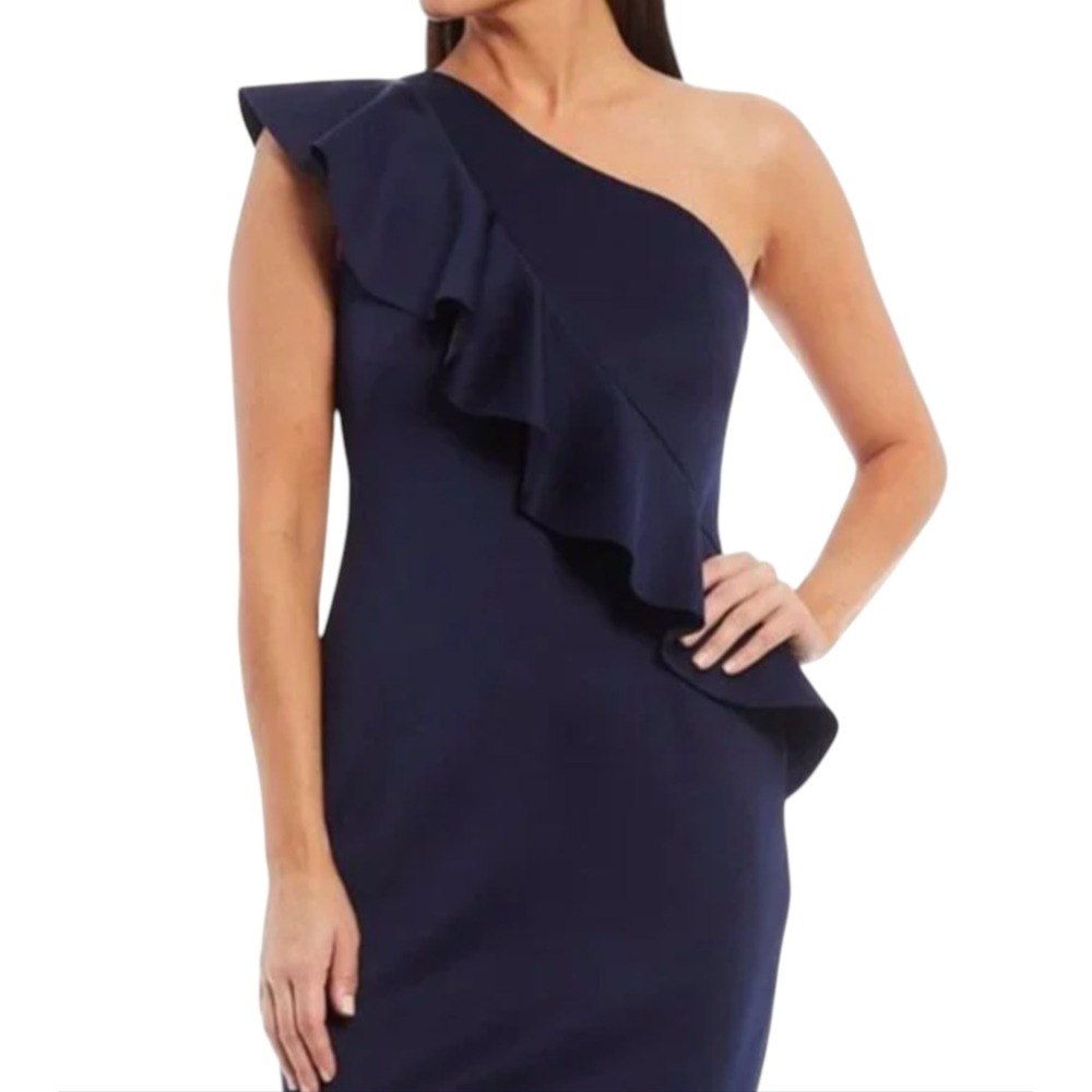 JESSICA HOWARD Navy Blue Cocktail Midi Dress ONE SHOULDER RUFLLE Scuba Sheath 6